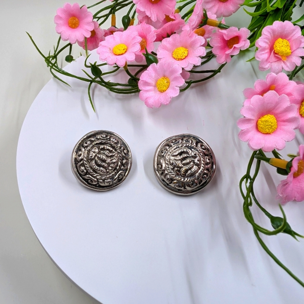 Oversized Button Style Silver Plated Vintage Clip On Earrings